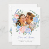 Blauw Roze Bloemenkrans Bruiloft Save the Date Aankondigingskaart (Voorkant / Achterkant)