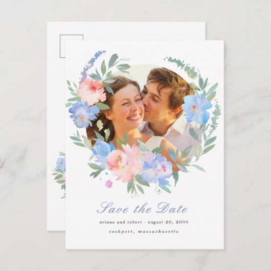 Blauw Roze Bloemenkrans Bruiloft Save the Date Aankondigingskaart (Voorkant / Achterkant)