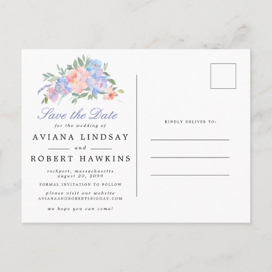 Blauw Roze Bloemenkrans Bruiloft Save the Date Aankondigingskaart (Achterkant)