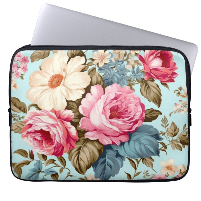  Blauw Roze Bloementuin Laptop Sleeve (Voorkant)