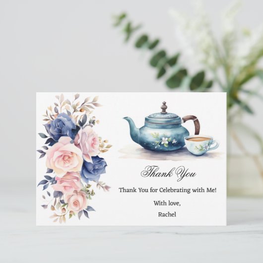 Blauw & Roze Bloemig Thee Feest Bruidsuitnodiging Bedankkaart (Staand voorkant)