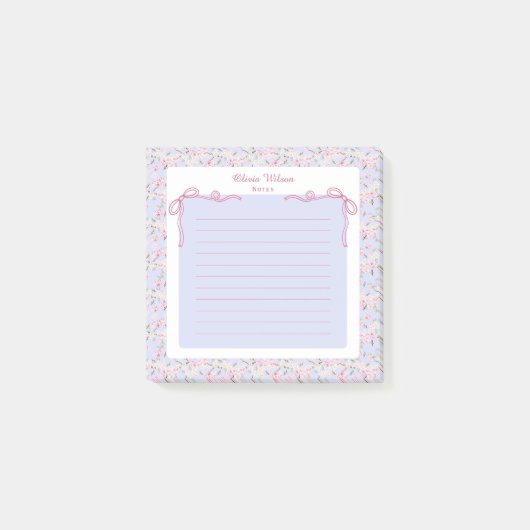 Blauw Roze Bloemige Coquette Strik Aangepaste Naam Post-it® Notes (Voorkant)