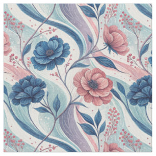 Blauw & Roze Bloemige Krullen Botanisch Patroon Ku Stof