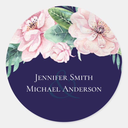 Blauw Roze Bloemige Moderne Trouwbudget Ronde Sticker (Voorkant)