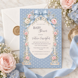 Blauw Roze Bloemige Vintage Tuinprieel Baby Shower Kaart