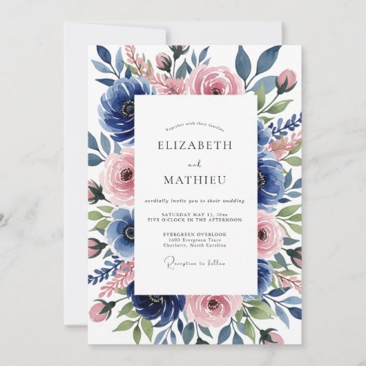 Blauw Roze Botanische Romantische Bruiloft Kaart (Voorkant)