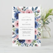 Blauw Roze Botanische Romantische Bruiloft Kaart (Staand voorkant)
