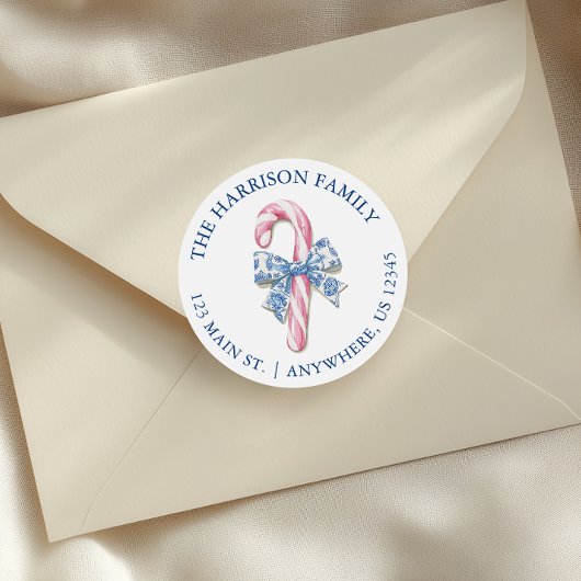 Blauw Roze Chinoiserie Toile Candy Cane Adres Ronde Sticker