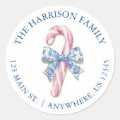 Blauw Roze Chinoiserie Toile Candy Cane Adres Ronde Sticker (Voorkant)