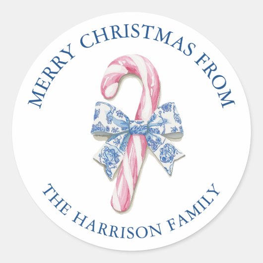 Blauw Roze Chinoiserie Toile Candy Cane Kerstmis Ronde Sticker (Voorkant)