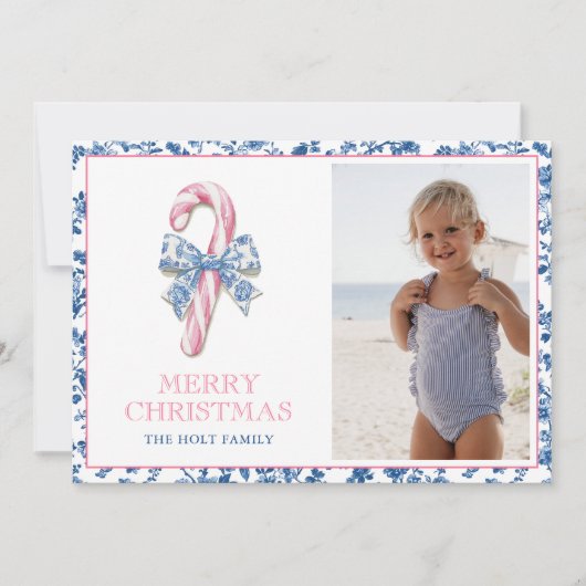 Blauw & Roze Chinoiserie Toile Kerst Candy Cane Feestdagenkaart (Voorkant)
