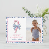 Blauw & Roze Chinoiserie Toile Kerst Candy Cane Feestdagenkaart (Staand voorkant)
