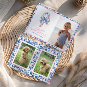Blauw & Roze Chinoiserie Toile Kerst Candy Cane Feestdagenkaart