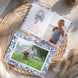 Blauw & Roze Chinoiserie Toile Kerst Candy Cane Feestdagenkaart