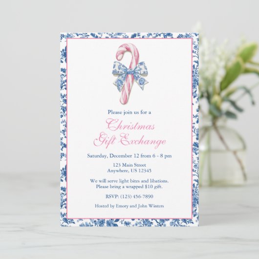 Blauw & Roze Chinoiserie Toile Kerst Candy Cane Kaart (Staand voorkant)