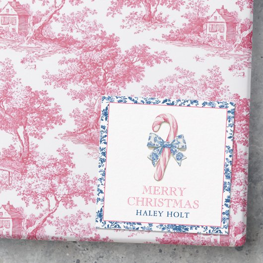 Blauw & Roze Chinoiserie Toile Kerst Candy Cane Notitiekaartje