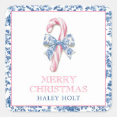 Blauw & Roze Chinoiserie Toile Kerst Candy Cane Vierkante Sticker (Voorkant)