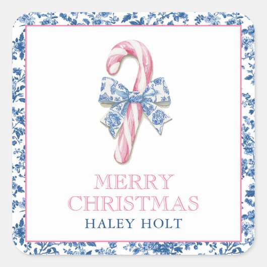 Blauw & Roze Chinoiserie Toile Kerst Candy Cane Vierkante Sticker (Voorkant)