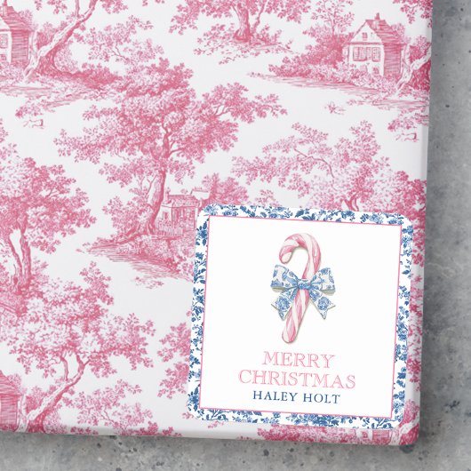 Blauw & Roze Chinoiserie Toile Kerst Candy Cane Vierkante Sticker