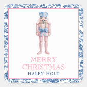Blauw & Roze Chinoiserie Toile Kerst Notenkraker Vierkante Sticker (Voorkant)