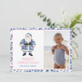 Blauw Roze Chinoiserie Toile Kerstman Foto Feestdagenkaart (Staand voorkant)