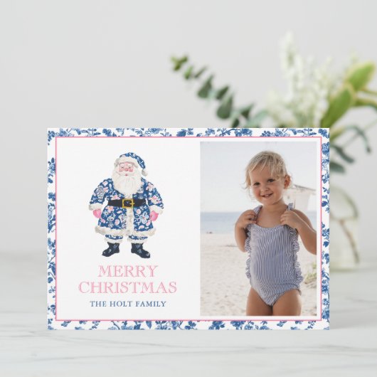 Blauw Roze Chinoiserie Toile Kerstman Foto Feestdagenkaart (Staand voorkant)