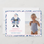 Blauw Roze Chinoiserie Toile Kerstman Foto Feestdagenkaart (Voorkant)