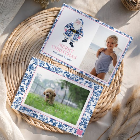 Blauw Roze Chinoiserie Toile Kerstman Foto Feestdagenkaart