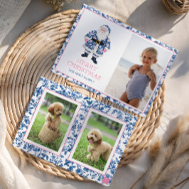 Blauw Roze Chinoiserie Toile Kerstman Foto Feestdagenkaart