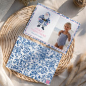 Blauw Roze Chinoiserie Toile Kerstman Foto Feestdagenkaart