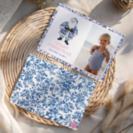 Blauw Roze Chinoiserie Toile Kerstman Foto Feestdagenkaart