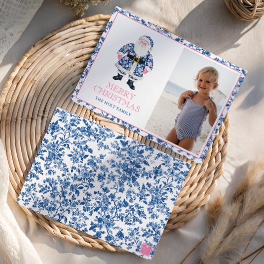 Blauw Roze Chinoiserie Toile Kerstman Foto Feestdagenkaart