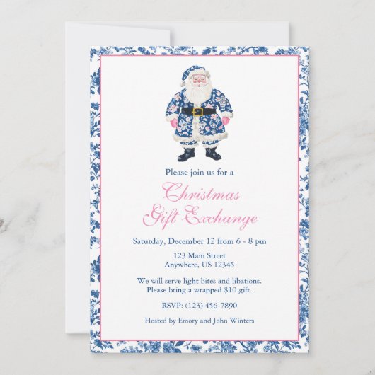 Blauw & Roze Chinoiserie Toile Kerstman Kaart (Voorkant)