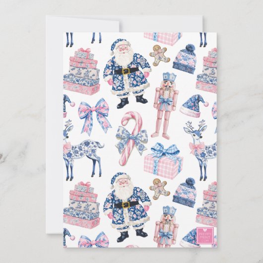 Blauw & Roze Chinoiserie Toile Kerstman Kaart (Achterkant)