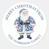 Blauw Roze Chinoiserie Toile Kerstman Kerstmis Ronde Sticker (Voorkant)