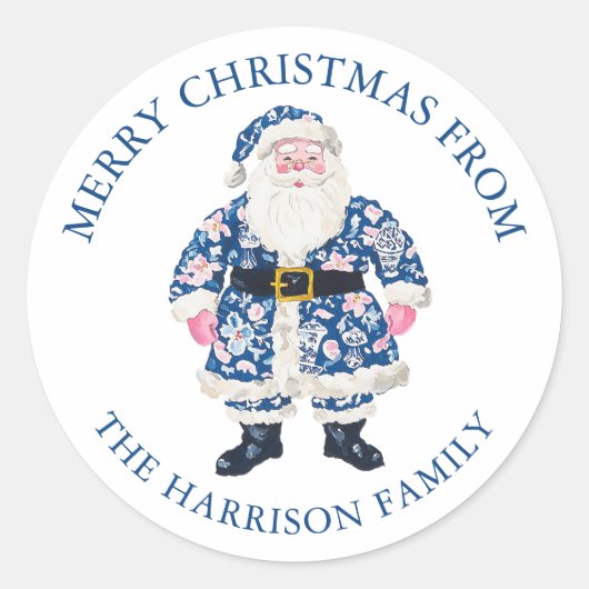 Blauw Roze Chinoiserie Toile Kerstman Kerstmis Ronde Sticker (Voorkant)