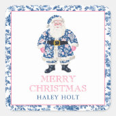 Blauw & Roze Chinoiserie Toile Kerstman Vierkante Sticker (Voorkant)