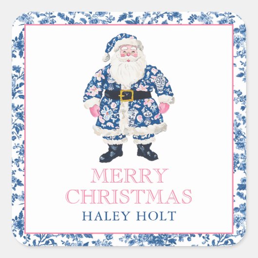 Blauw & Roze Chinoiserie Toile Kerstman Vierkante Sticker (Voorkant)
