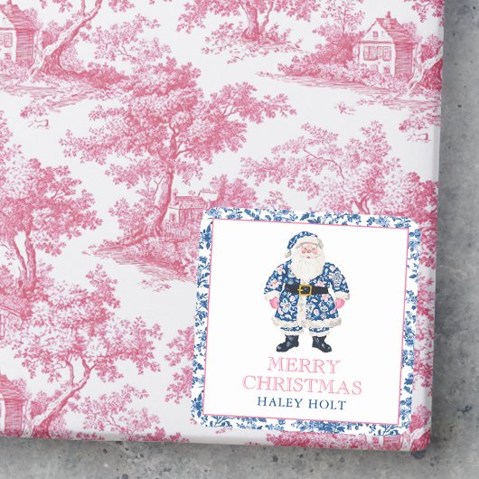 Blauw & Roze Chinoiserie Toile Kerstman Vierkante Sticker