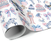 Blauw & Roze Chinoiserie Toile Kerstmis Cadeaupapier (Rol Hoek)