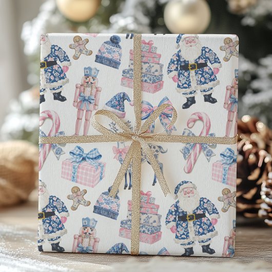 Blauw & Roze Chinoiserie Toile Kerstmis Cadeaupapier