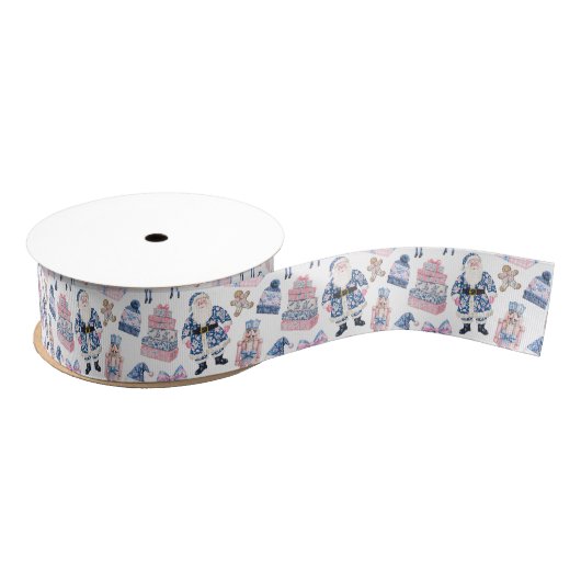 Blauw & Roze Chinoiserie Toile Kerstmis Grosgrain Lint (Spoel)