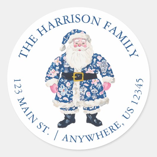 Blauw Roze Chinoiserie Toile Santa Claus Adres Ronde Sticker (Voorkant)