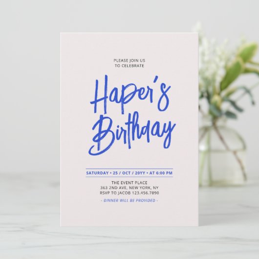 Blauw & Roze Chique Lettering Script Verjaardagsfe Kaart (Staand voorkant)