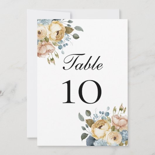 Blauw Roze Crème Bloemige Trouwtafel Nummerkaarten (Voorkant)
