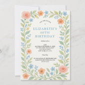 Blauw Roze Dusty Blue Floral Waterverf 60th Kaart (Voorkant)