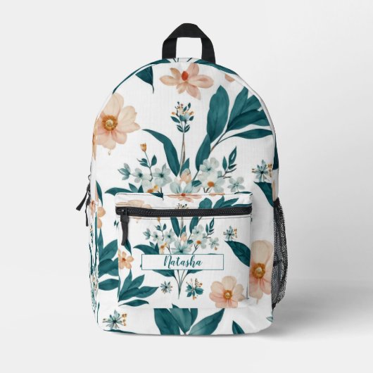 Blauw Roze Elegante Waterverf Floral Spring Boho Bedrukte Rugzak (Voorkant)