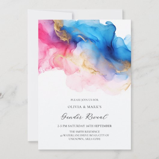 Blauw Roze en Gouden Waterverf Baby Gender Reveal Kaart (Voorkant)
