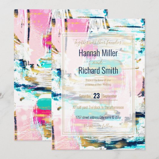 Blauw roze en goudpenseel schilderen kaart (Voorkant / Achterkant)