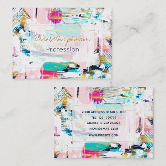 Blauw roze en goudpenseel schilderen visitekaartje (Voorkant / Achterkant)